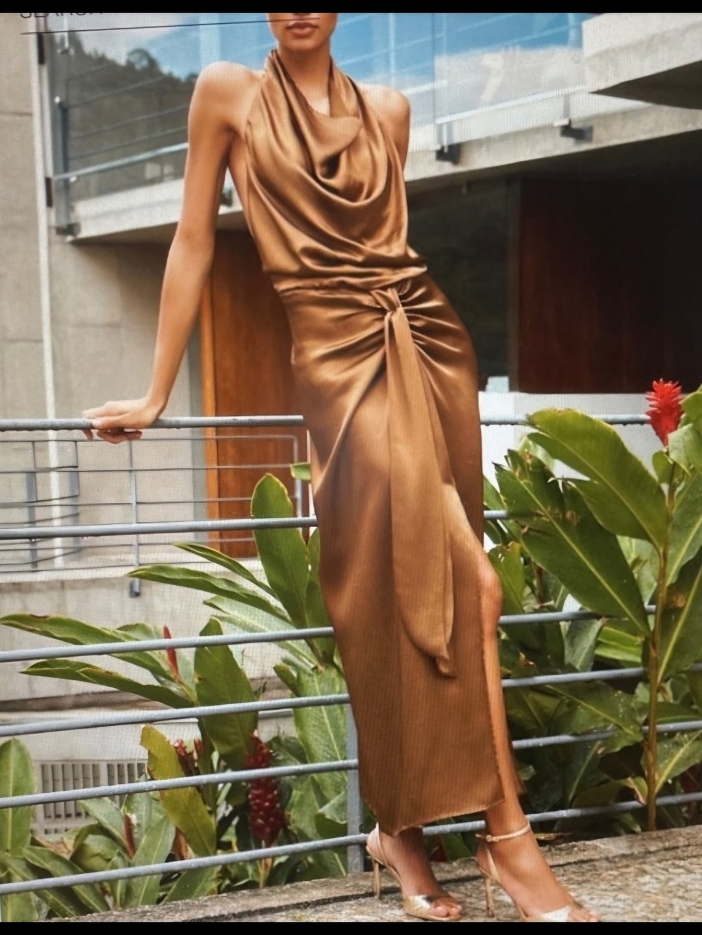 Zara Satin Cowl Neck Maxi Dress Bronze NWT